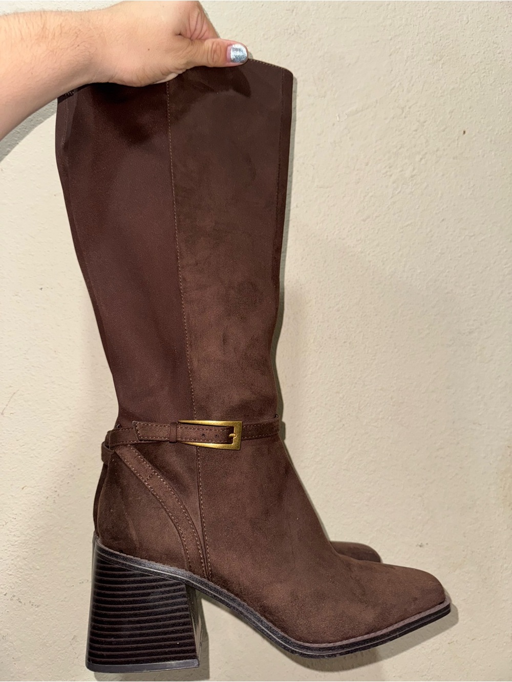 Women's Brown Suede Mid-Calf Block Heel Boots